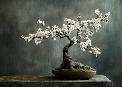 Bonsai Tree in Bloom White Flowers Still Life 