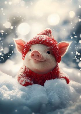 Cute Piglet In Red Knitted Hat and Sweater