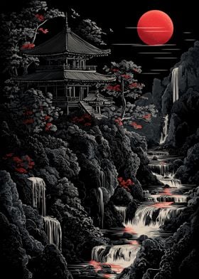 Dark Japanese Temple With Waterfall