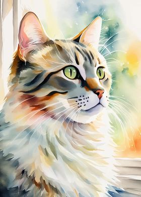 Watercolor Cat Portrait Blissful Cat Whiskers