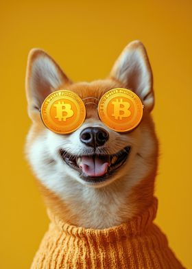 Shiba Inu in Bitcoin Sunglasses & Orange Sweater