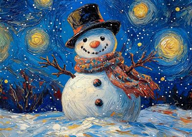 Snowman Under Starry Night