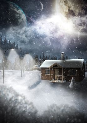 Snowy Cabin Under a Cosmic Sky