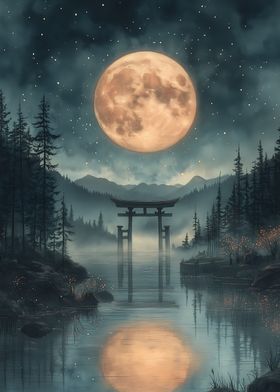 Full Moon over Torii Gate Japanese Landscape