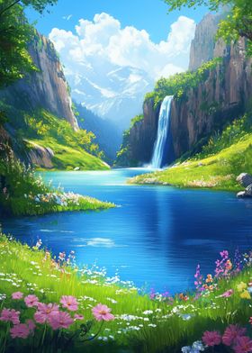 Waterfall and Mountain Lake