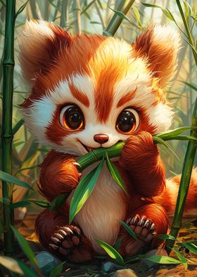 Cute Red Panda Eating Bamboo