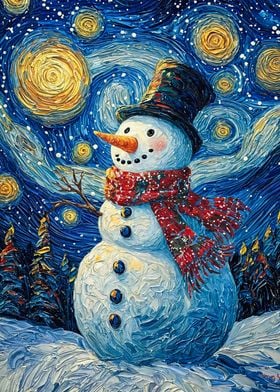 Snowman Under Starry Night