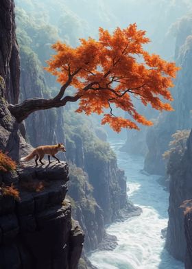 Fox on Cliff with Autumn Tree