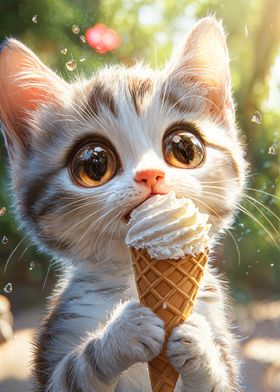 Cute Kitten Eating Ice Cream