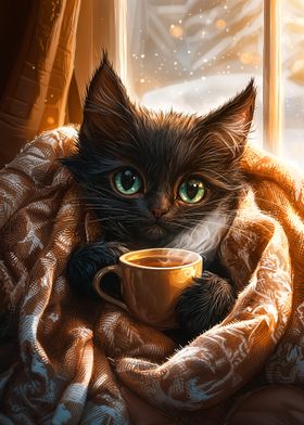 Cozy Cat with Hot Drink