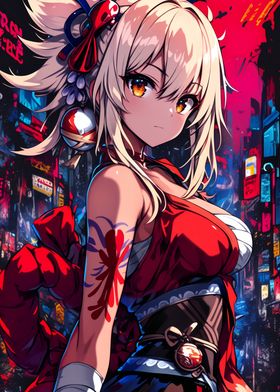 Firework Anime Girl in Red Kimono