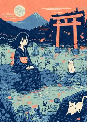 Kimono Girl Torii Lake Cats