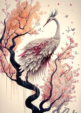 Crane in Cherry Blossom Tree