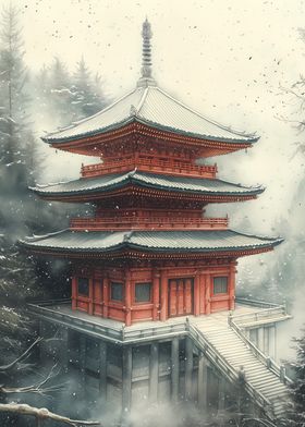 Japanese Pagoda in Snow