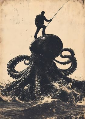 Man Fishing on Giant Octopus