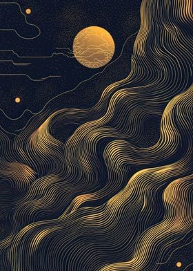 Gold Line Waves & Moon