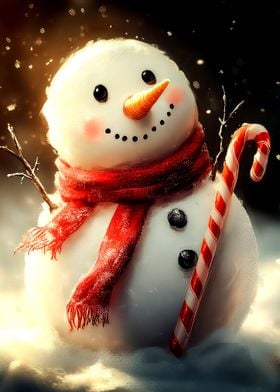 Smiling Snowman with Candy Cane