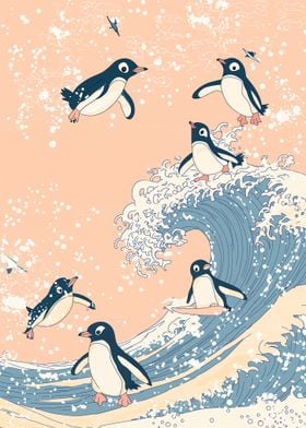 Penguins Surfing Wave