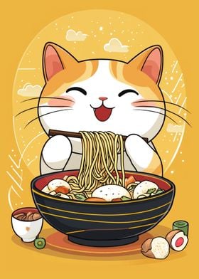 Cute Cat Eating Ramen