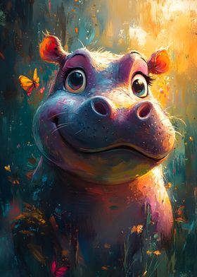 Smiling Hippo with Butterflies