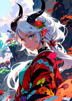 Anime Demon Girl in Kimono