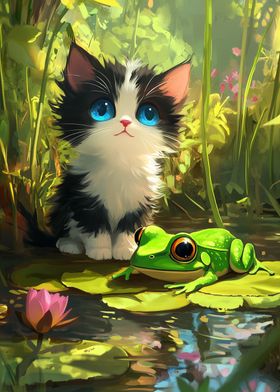 Kitten and Frog by the Pond