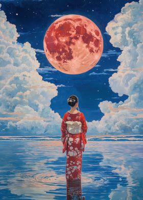 Woman in Kimono Under Red Moon