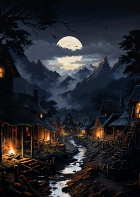 Moonlit Village in Mountains