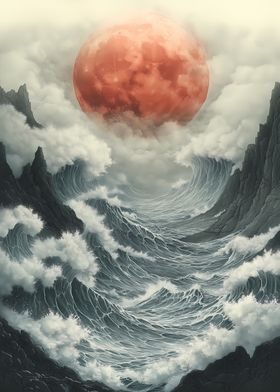 Red Moon Over Stormy Sea