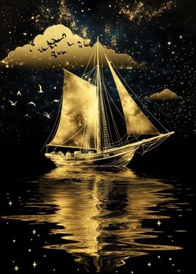 Golden Sailboat Under Stars