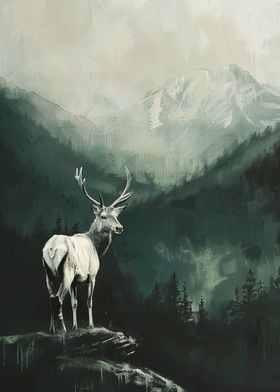 White Deer in Mountain Landscape