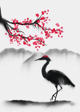 Crane and Cherry Blossoms