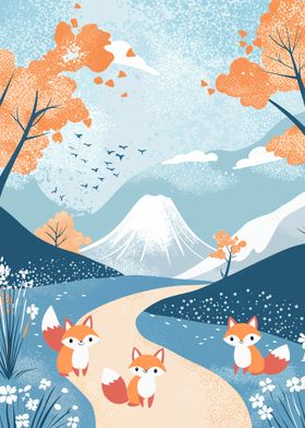 Foxes in a Japanese Landscape