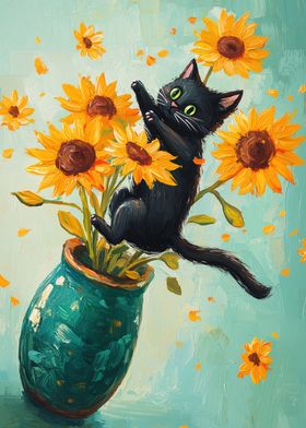 Black Cat and Sunflowers