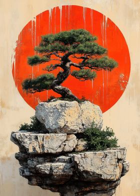 Bonsai Tree and Red Sun