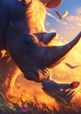 Rhino Mother and Calf at Sunset