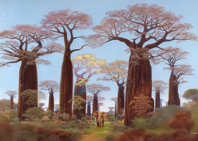 Elephant in Baobab Forest by Hiroo Isono