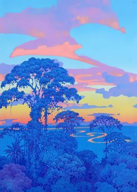 Blue Forest Sunset by Hiroo Isono