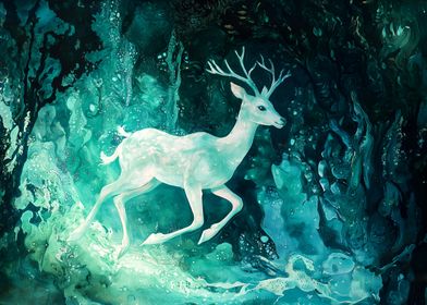 White Deer in Teal Forest