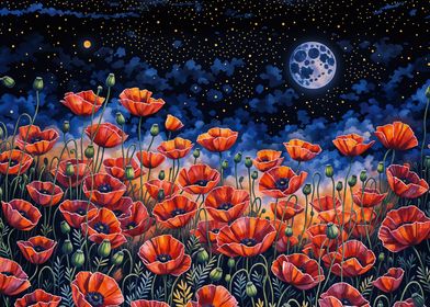 Poppy Field Under Night Sky