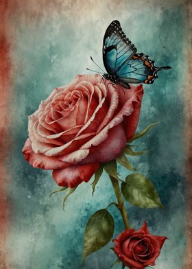 Blue Butterfly on Rose