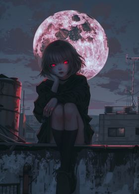 Anime Girl Under Blood Moon