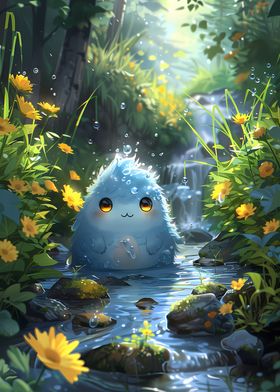 Cute Blue Creature in Forest Stream