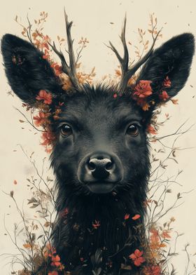 Black Deer with Flowers