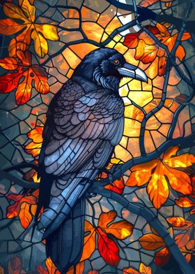 Raven in Autumn Stained Glass