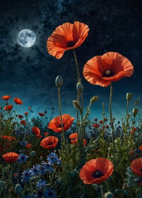 Poppy Field Under Moonlight