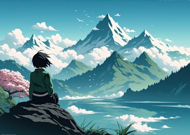 Anime Style Character Looking into  Mountain Landscape