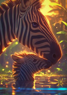 Zebra and Calf in Water Landscape