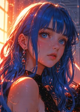 Radiant Blue-Haired Muse in Ethereal Glow