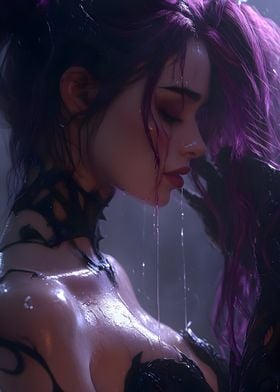 Purple Haired Woman in Rain